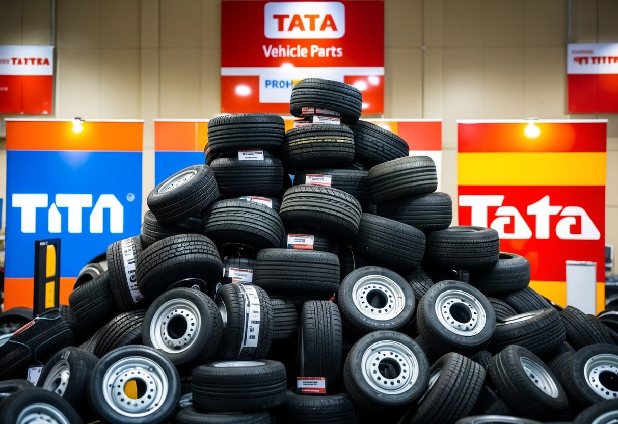 A large pile of Tata vehicle parts surrounded by bright promotional banners and signs
