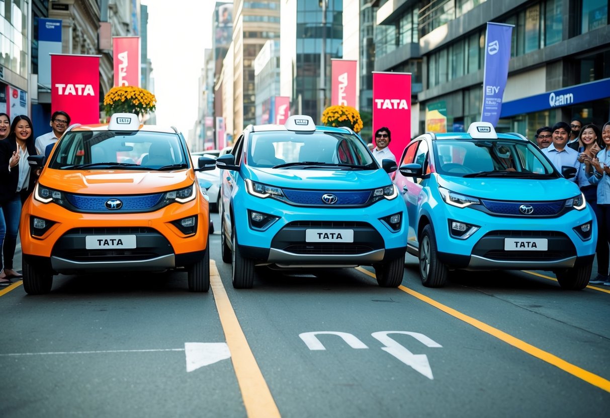 A bustling city street with colorful Tata electric vehicles on display, surrounded by excited customers and promotional banners