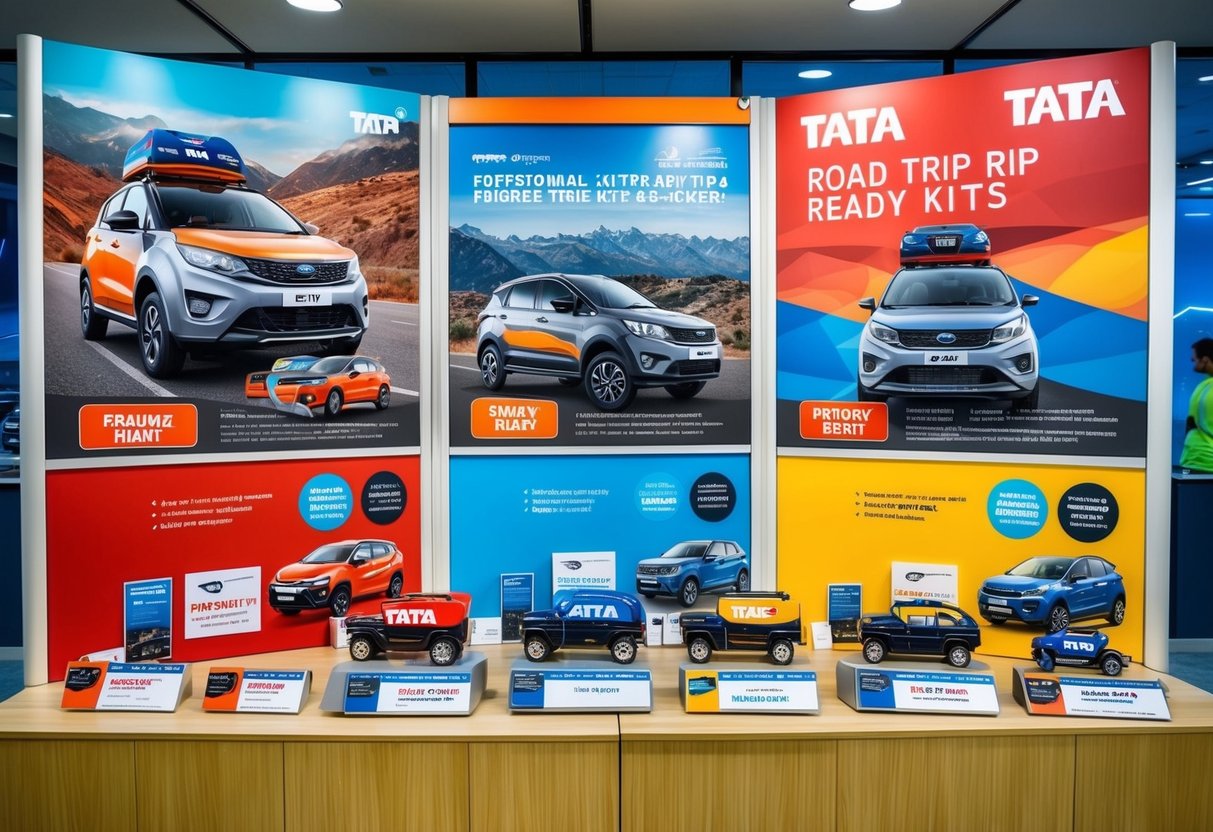 A colorful display of Tata Road Trip Ready Kits with promotional banners