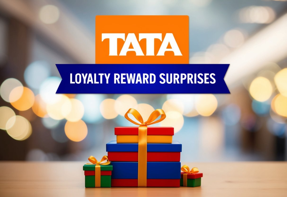 A colorful banner with the Tata logo and the words "Loyalty Reward Surprises" displayed above a stack of gift boxes and a ribbon