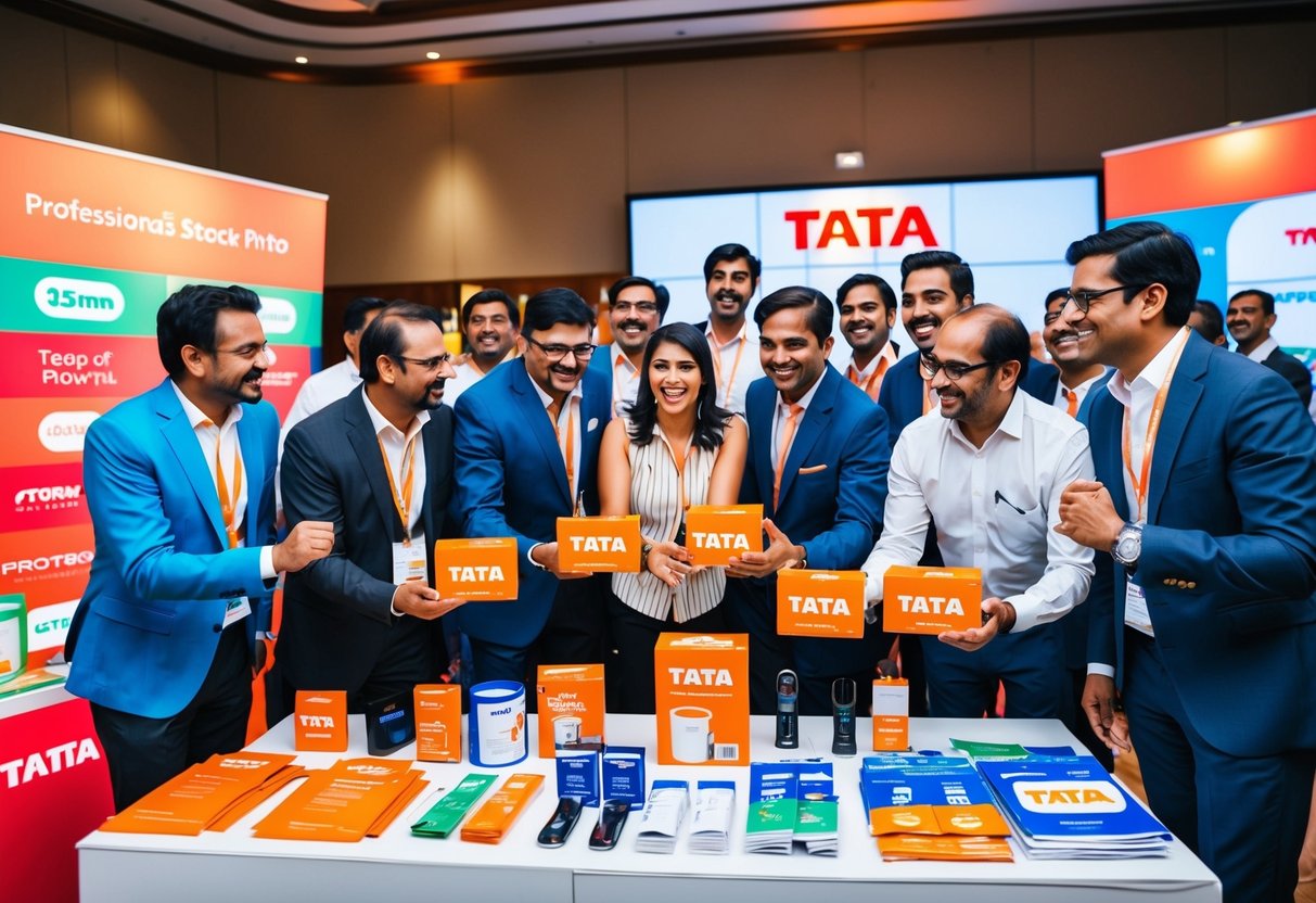 A group of people excitedly engaging with various Tata products and promotional materials at a lively event
