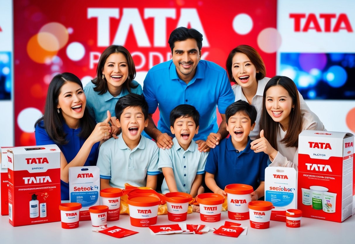 A family celebrating with Tata products, surrounded by promotional materials and displaying satisfaction