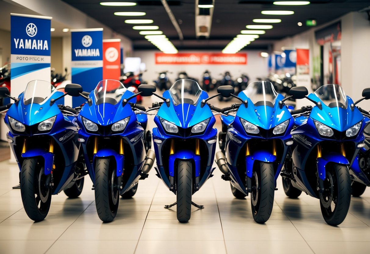 A group of Yamaha motorcycles lined up in a showroom, with promotional banners and signs displayed around the area