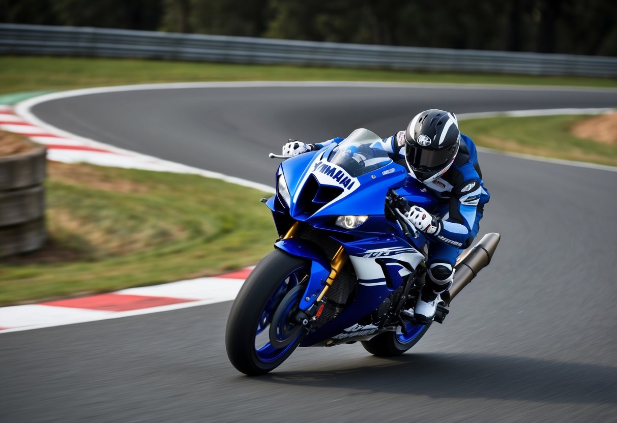 A Yamaha YZF-R1 Superbike speeding down a winding road with the Yamaha logo prominently displayed