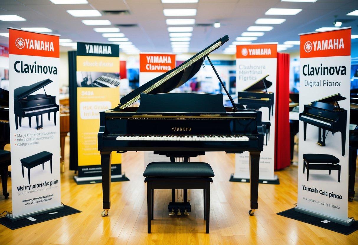 A Yamaha Clavinova Digital Piano surrounded by promotional materials in a brightly lit music store showroom