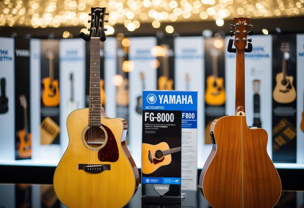 A Yamaha FG800 acoustic guitar displayed with promotional materials