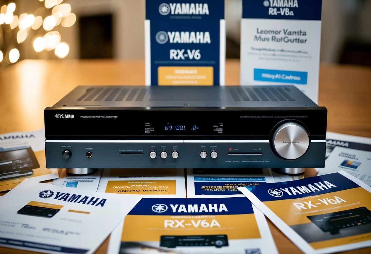 A sleek Yamaha RX-V6A AV Receiver surrounded by promotional materials