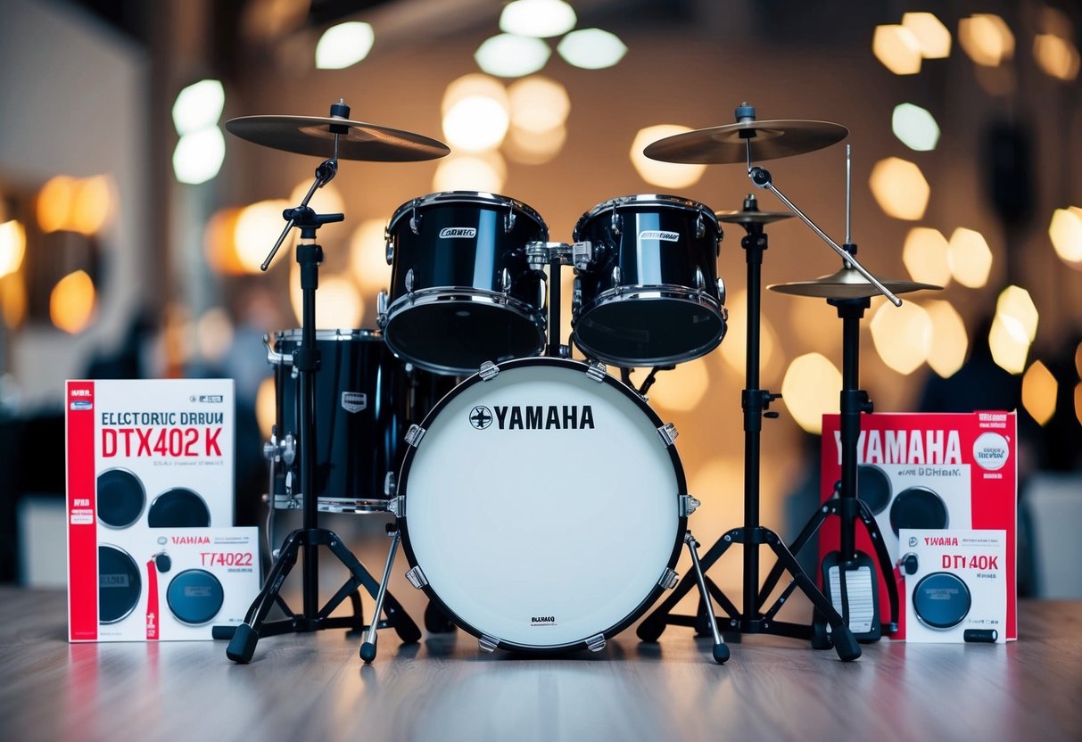 A Yamaha DTX402K Electronic Drum Kit surrounded by promotional materials