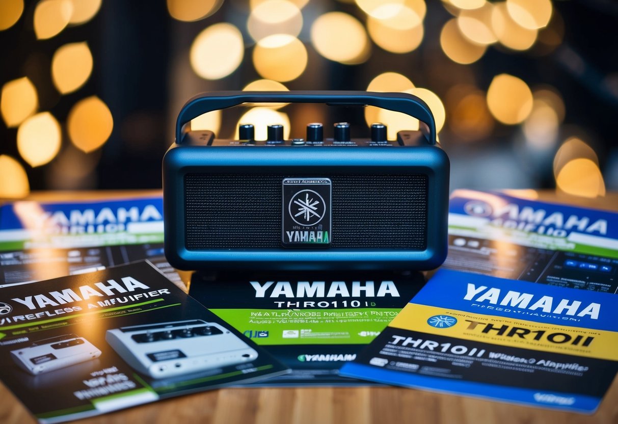A Yamaha THR10II Wireless Amplifier surrounded by Yamaha promotional materials
