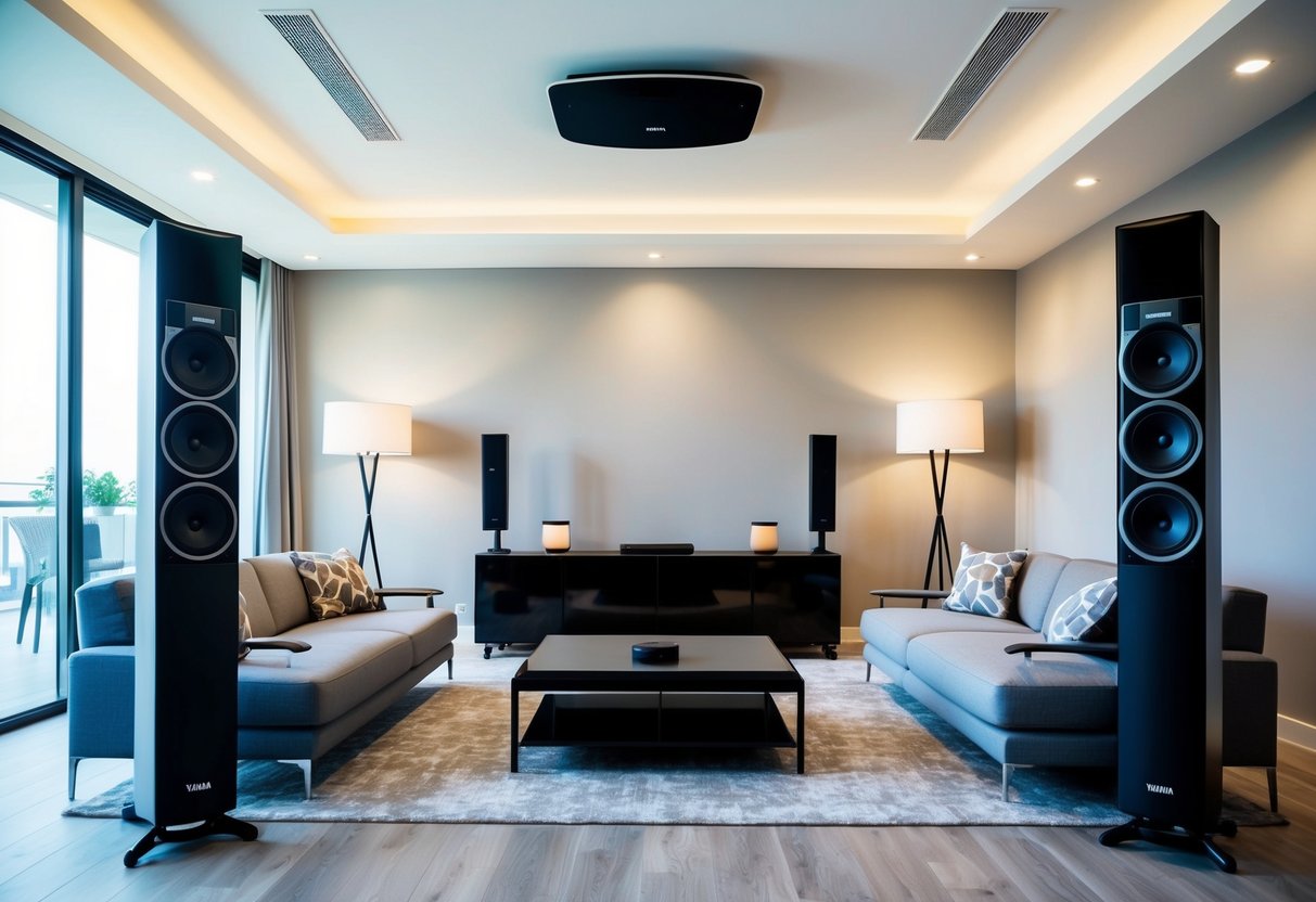 A modern living room with Yamaha NS-IC800 in-ceiling speakers installed, showcasing a sleek and stylish audio setup with a focus on the speakers