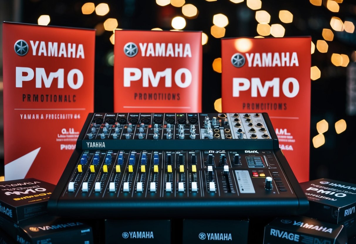 A Yamaha RIVAGE PM10 Mixing Console surrounded by Yamaha promotions