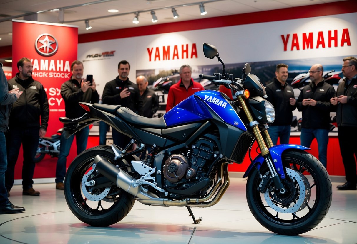 A Yamaha motorcycle parked in front of a banner with promotional graphics. A crowd of people admires the display at a dealership showroom