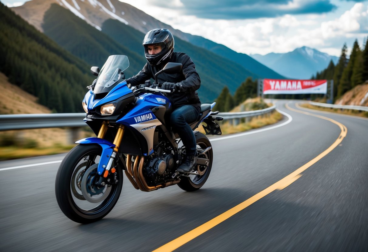 A person riding a Yamaha motorcycle through a scenic mountain road with a promotional banner in the background