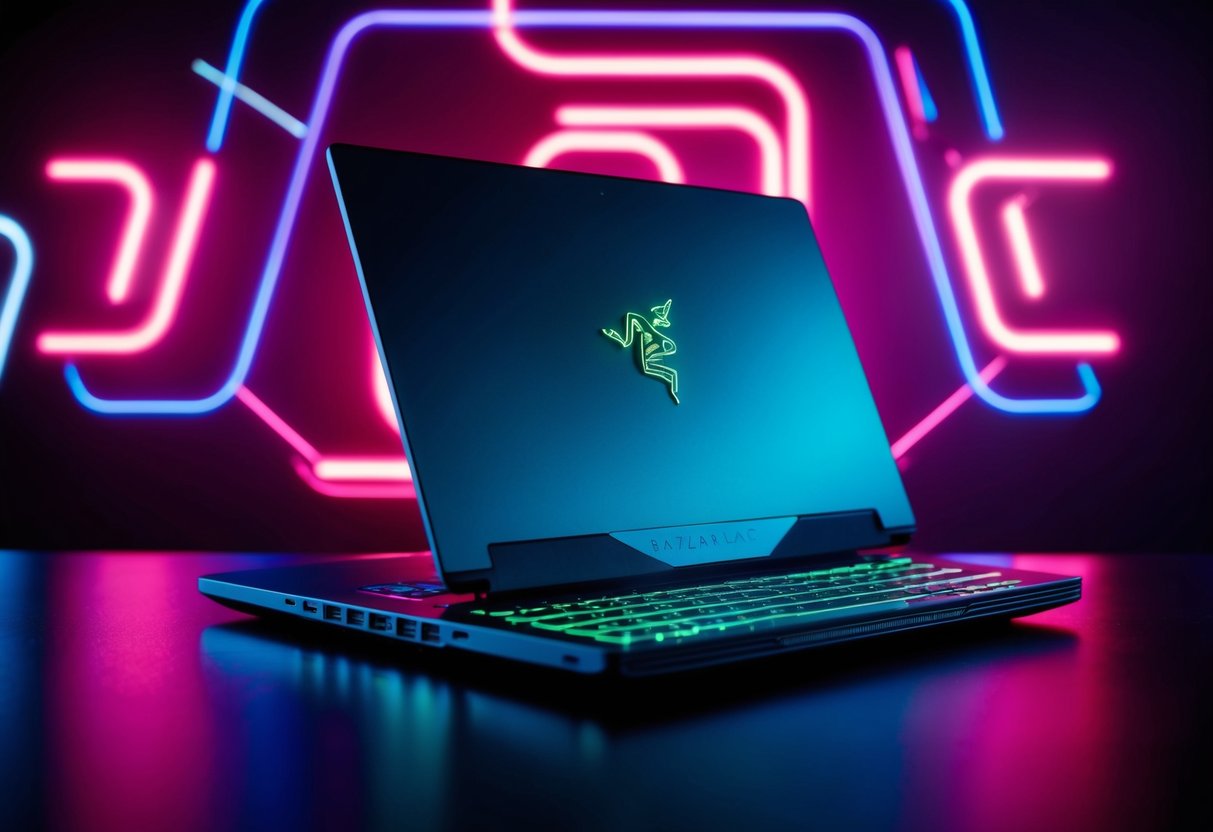 A sleek, metallic Razer Blade laptop surrounded by neon lights and futuristic graphics
