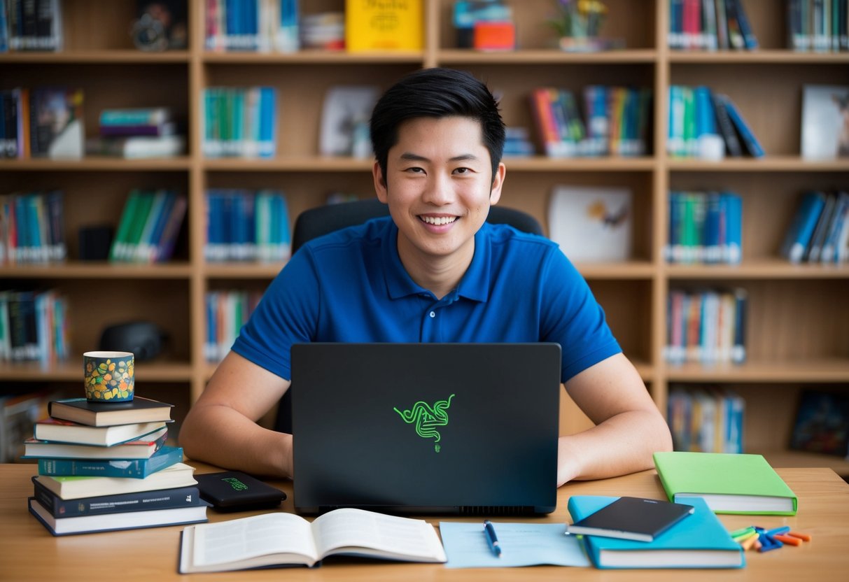 A student sits at a desk with a Razer Blade 16 laptop, surrounded by books and school supplies. The laptop displays a promotion for Razer Blade products
