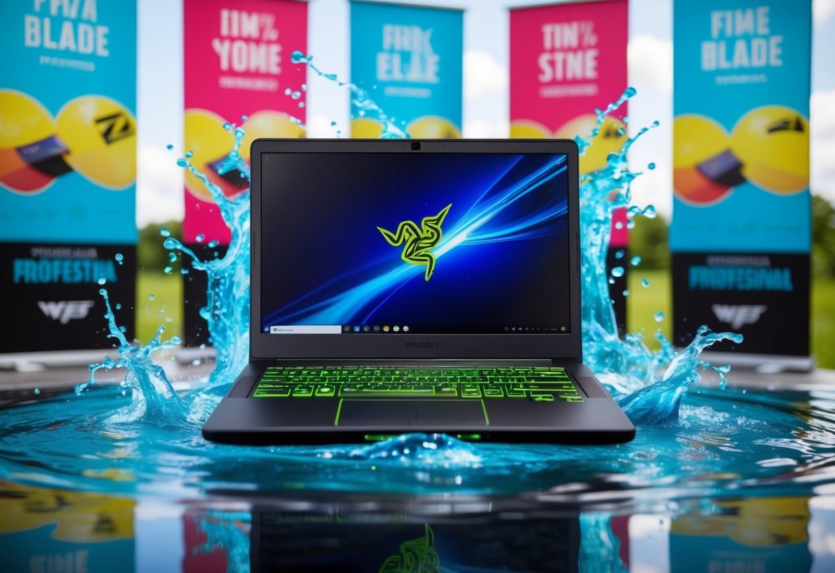 A Razer Blade laptop surrounded by vibrant summer-themed graphics and splashes of water, with promotional banners in the background