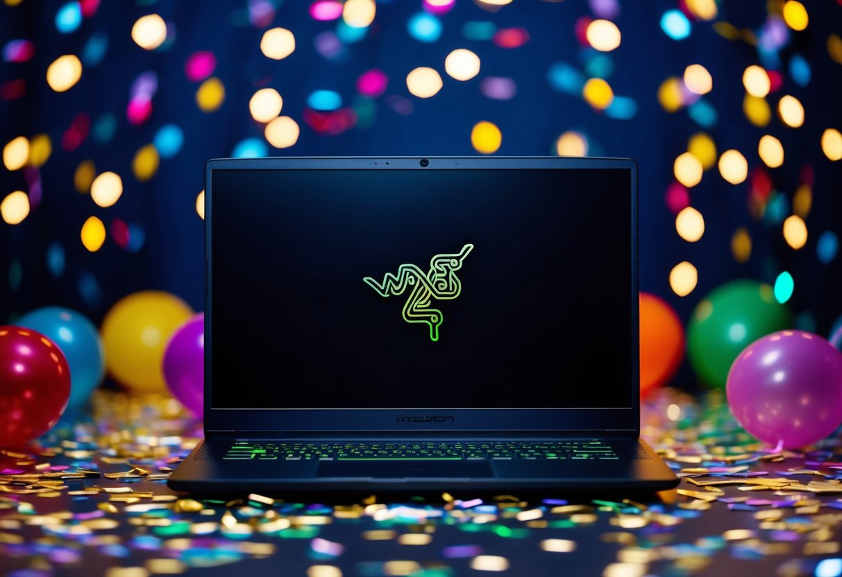 A sleek Razer Blade laptop surrounded by confetti and party decorations