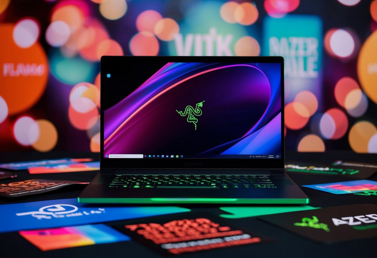 A sleek Razer Blade laptop surrounded by vibrant promotional graphics and logos