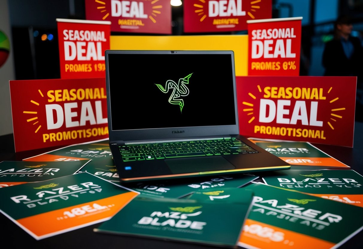 A sleek Razer Blade laptop surrounded by seasonal deal banners and promotional signs