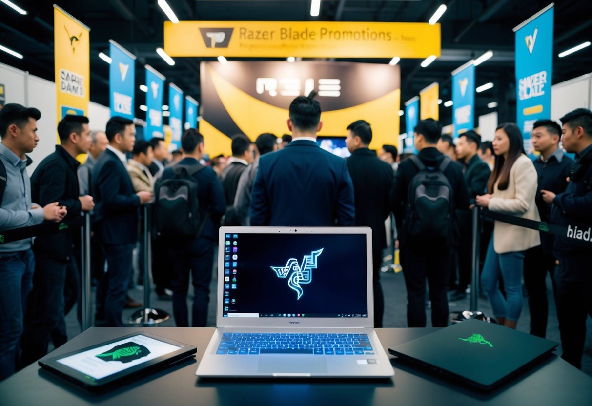 A laptop surrounded by promotional banners and logos, with a queue of customers waiting to inquire about Razer Blade promotions
