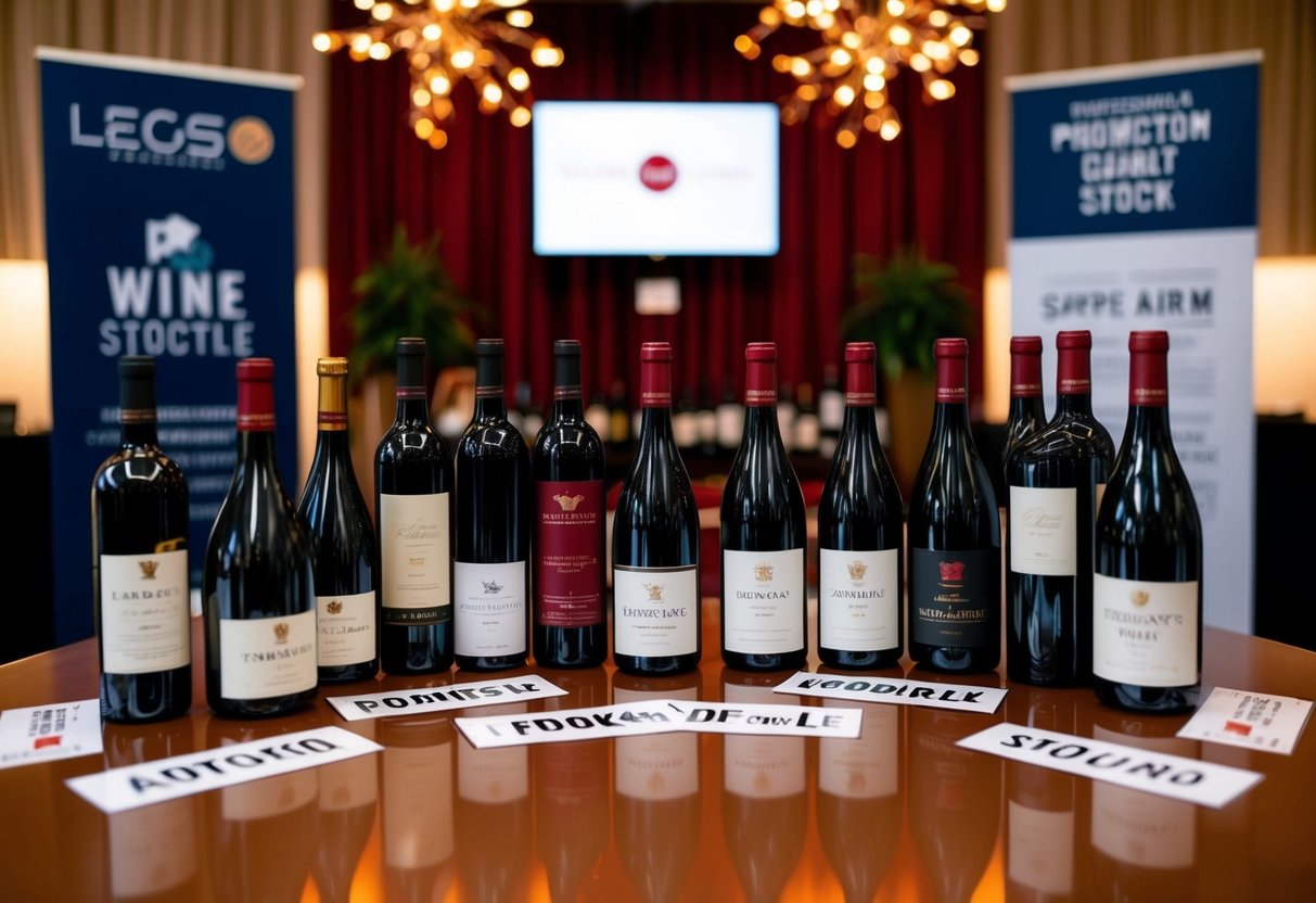 A table with various red wine bottles, surrounded by promotional signs and banners