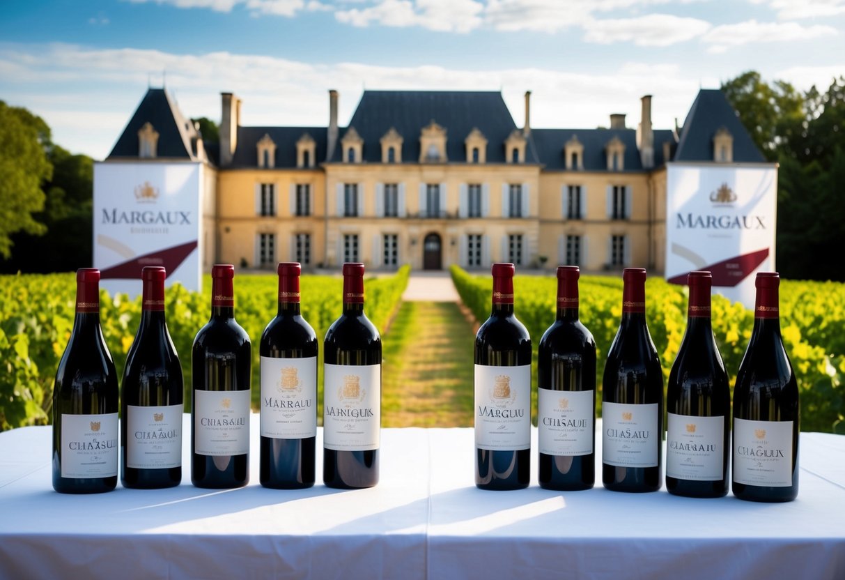 A grand château with lush vineyards, showcasing bottles of Château Margaux 2020 red wine with promotional banners