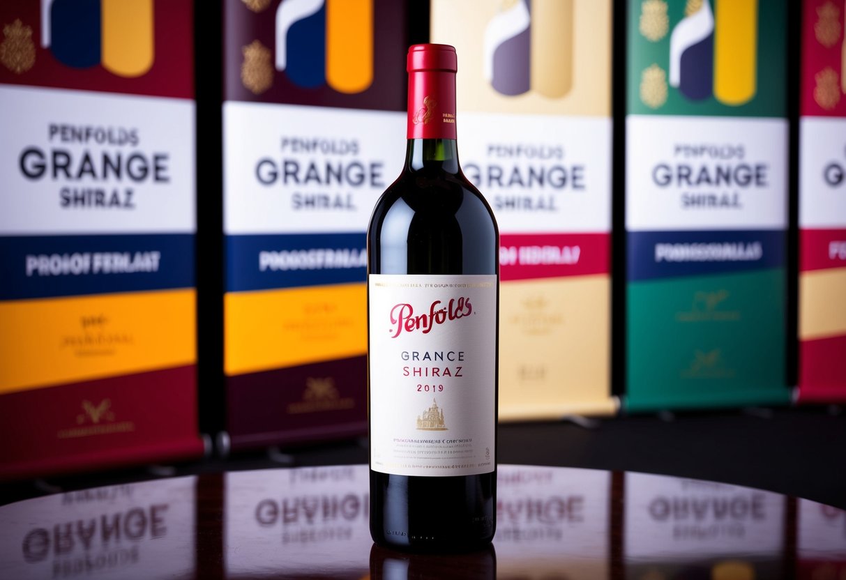 A bottle of Penfolds Grange Shiraz 2019 red wine displayed with promotional banners and signs