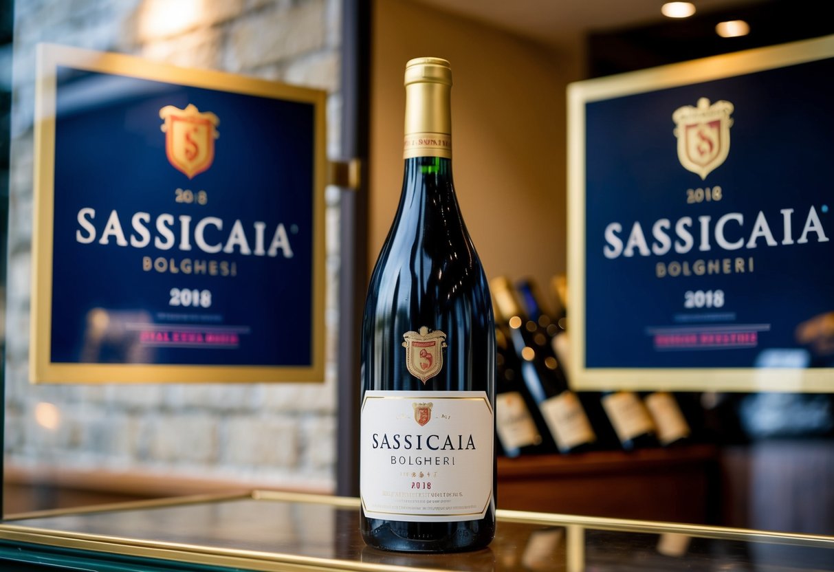 A bottle of Sassicaia Bolgheri 2018 red wine displayed with promotional signage in a wine shop window