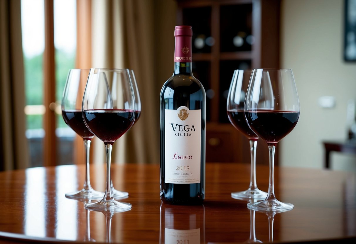 A bottle of Vega Sicilia Único 2013 red wine surrounded by elegant wine glasses on a polished wooden table