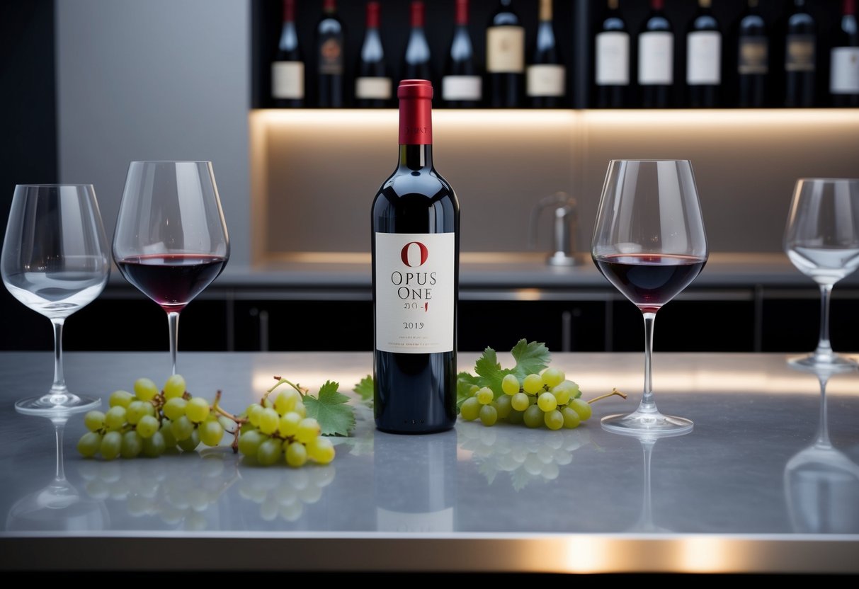 A bottle of Opus One 2019 red wine stands on a sleek, modern bar counter, surrounded by elegant wine glasses and a few scattered grape vines
