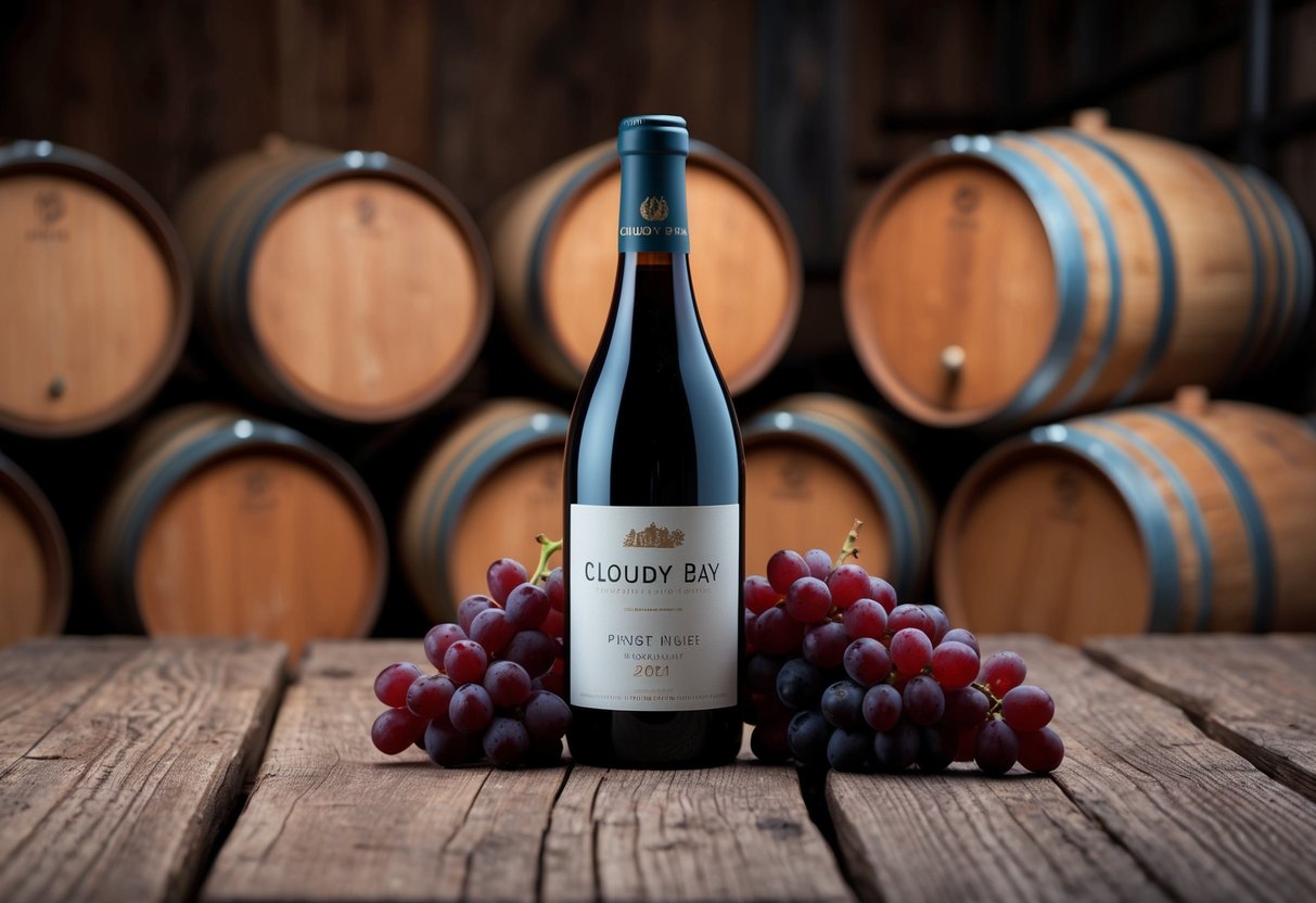 A bottle of Cloudy Bay Pinot Noir 2021 sits on a rustic wooden table, surrounded by a scattering of deep red wine grapes and a few scattered oak barrels in the background
