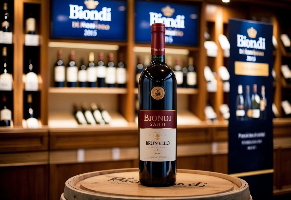 A bottle of Biondi Santi Brunello di Montalcino 2015 red wine displayed with promotional signage in an elegant wine shop
