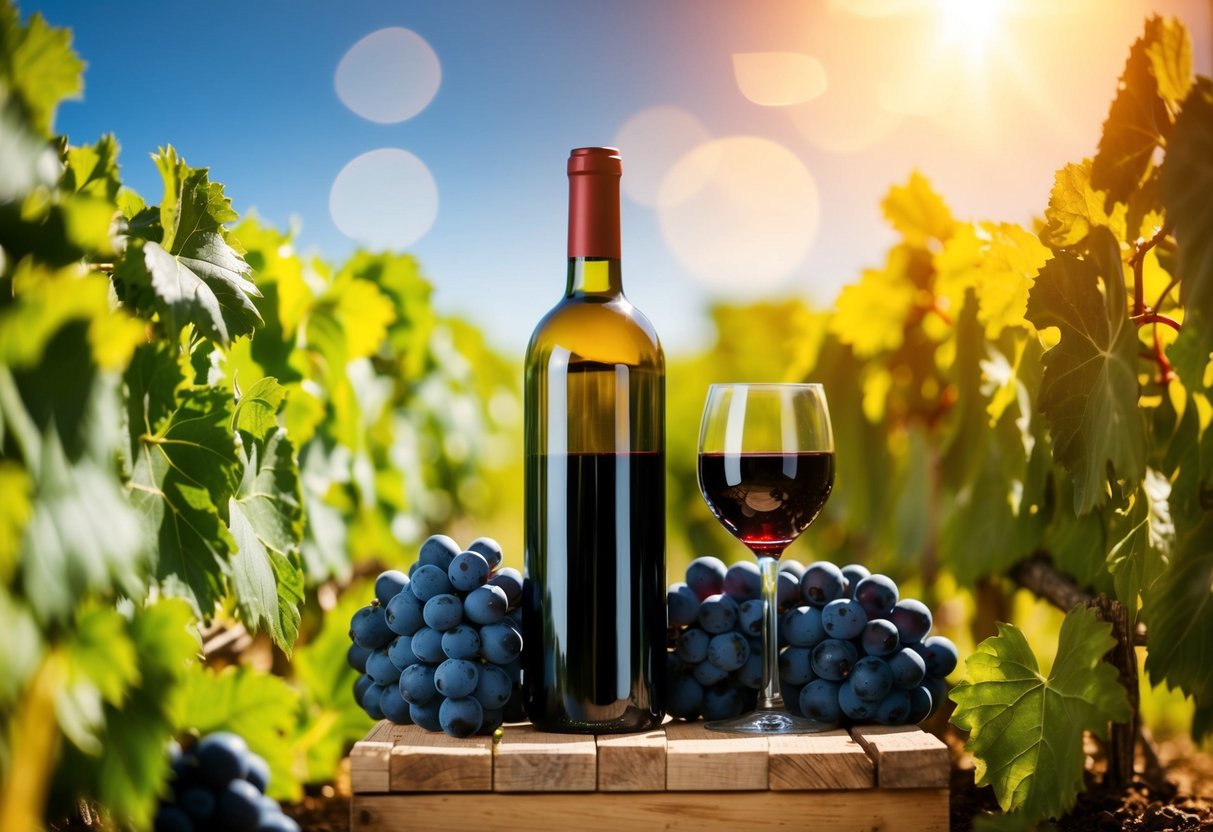 A bottle of red wine surrounded by grapevines and a promotional banner