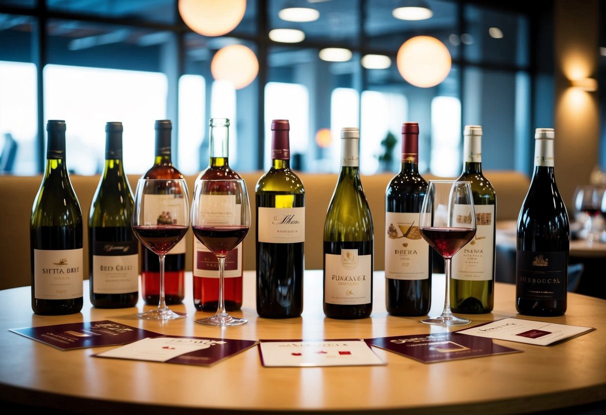 A table with various red wine bottles, glasses, and promotional materials displayed