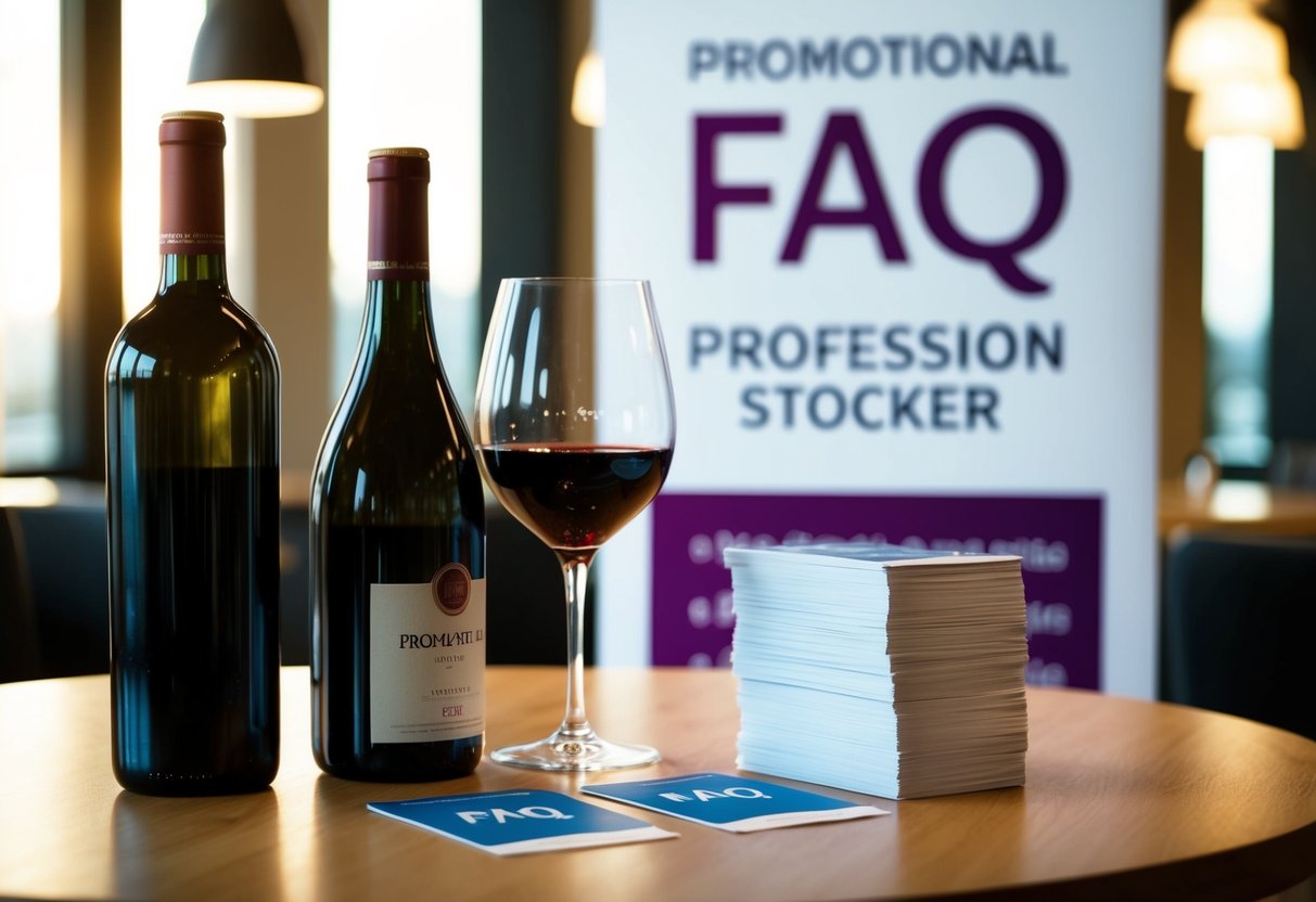 A table with bottles of red wine, a promotional banner, and a stack of FAQ cards