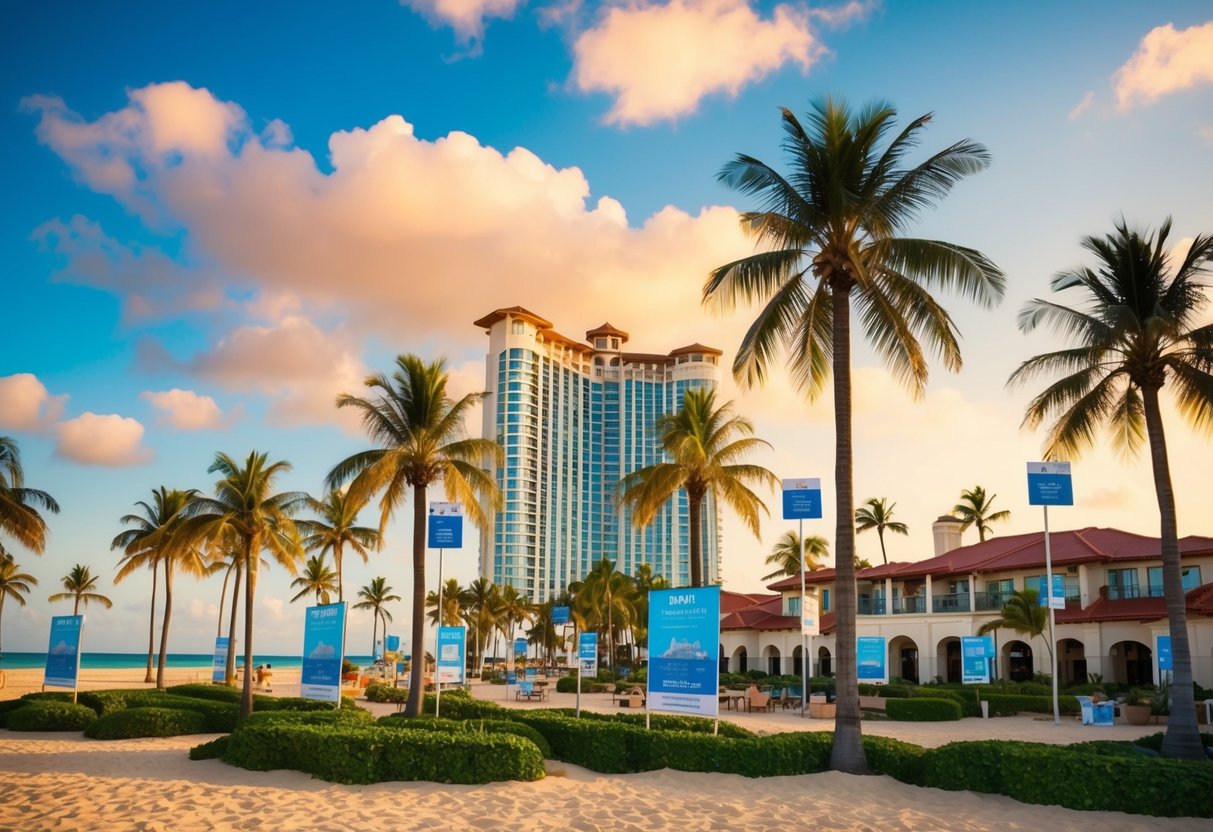 A vibrant scene with palm trees, a beach, and a luxurious resort building, with promotional banners and signs displayed throughout