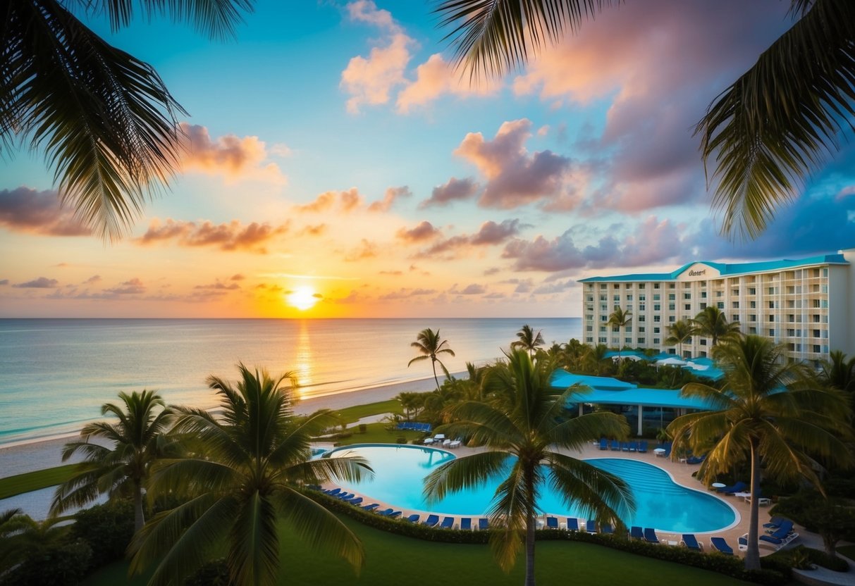 A colorful sunrise over a tropical island resort with palm trees, a beach, and a luxury hotel