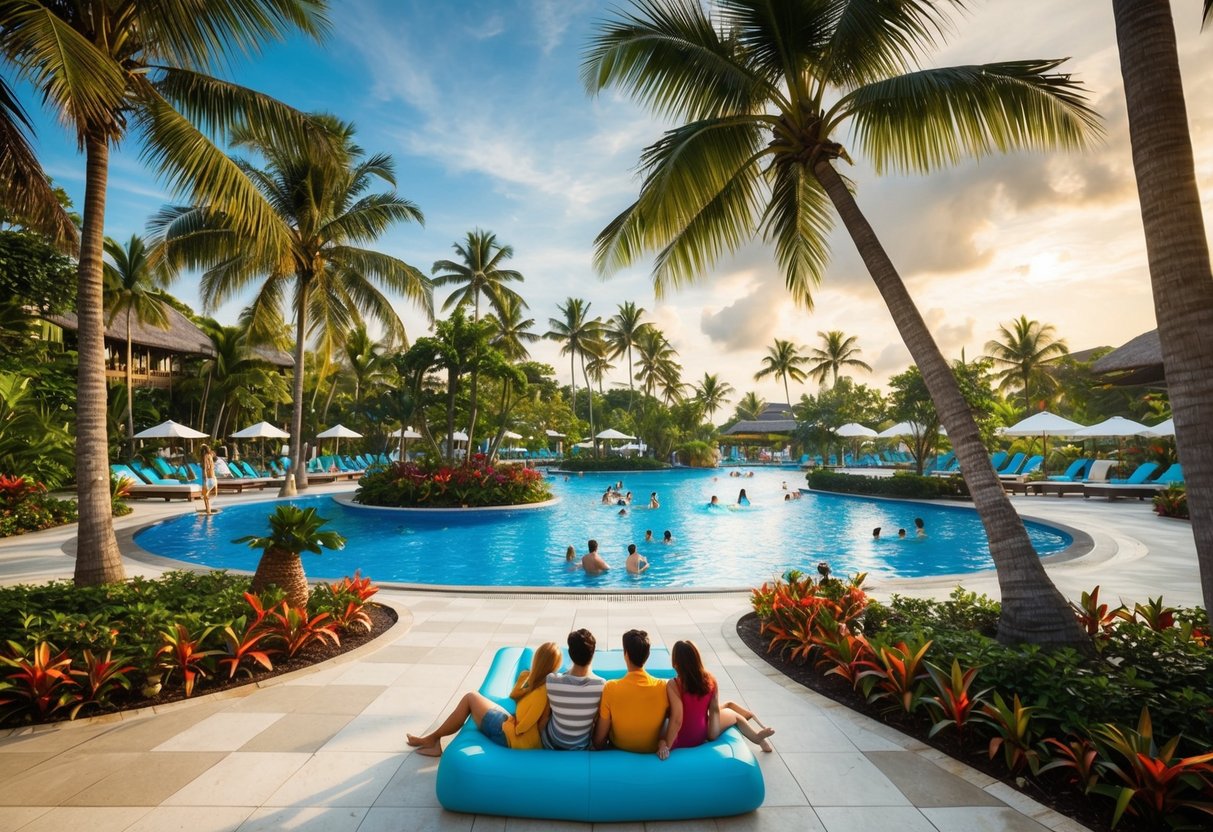 A vibrant, tropical resort scene with palm trees, a luxurious pool, and a family enjoying the bundled deals at Resort World Sentosa