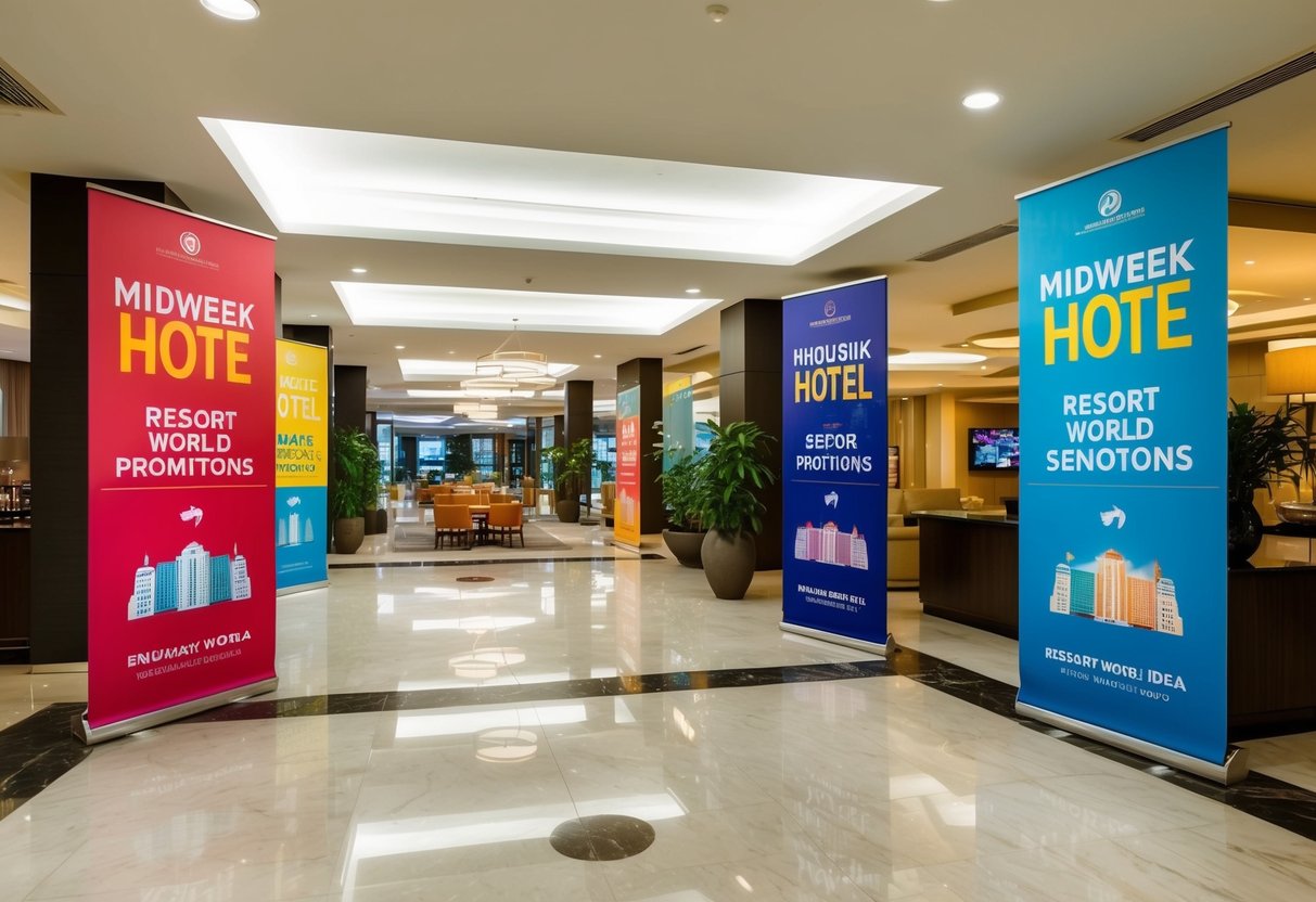 A bustling resort lobby with colorful banners and promotional displays for midweek hotel promotions at Resort World Sentosa