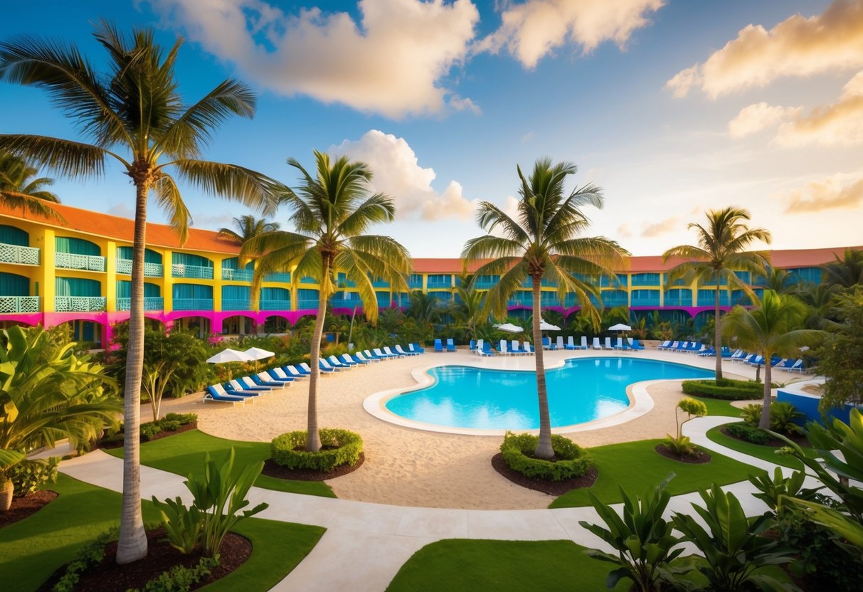 A tropical resort with palm trees, a sandy beach, and a luxurious pool area, all surrounded by vibrant, colorful buildings