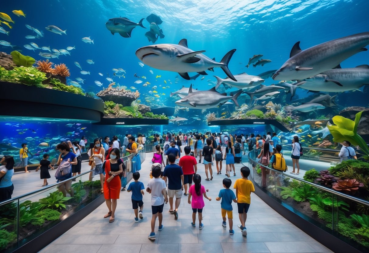 The SEA Aquarium at Resort World Sentosa is bustling with visitors taking advantage of promotions and discounts. The colorful marine life and interactive exhibits create a vibrant and exciting atmosphere