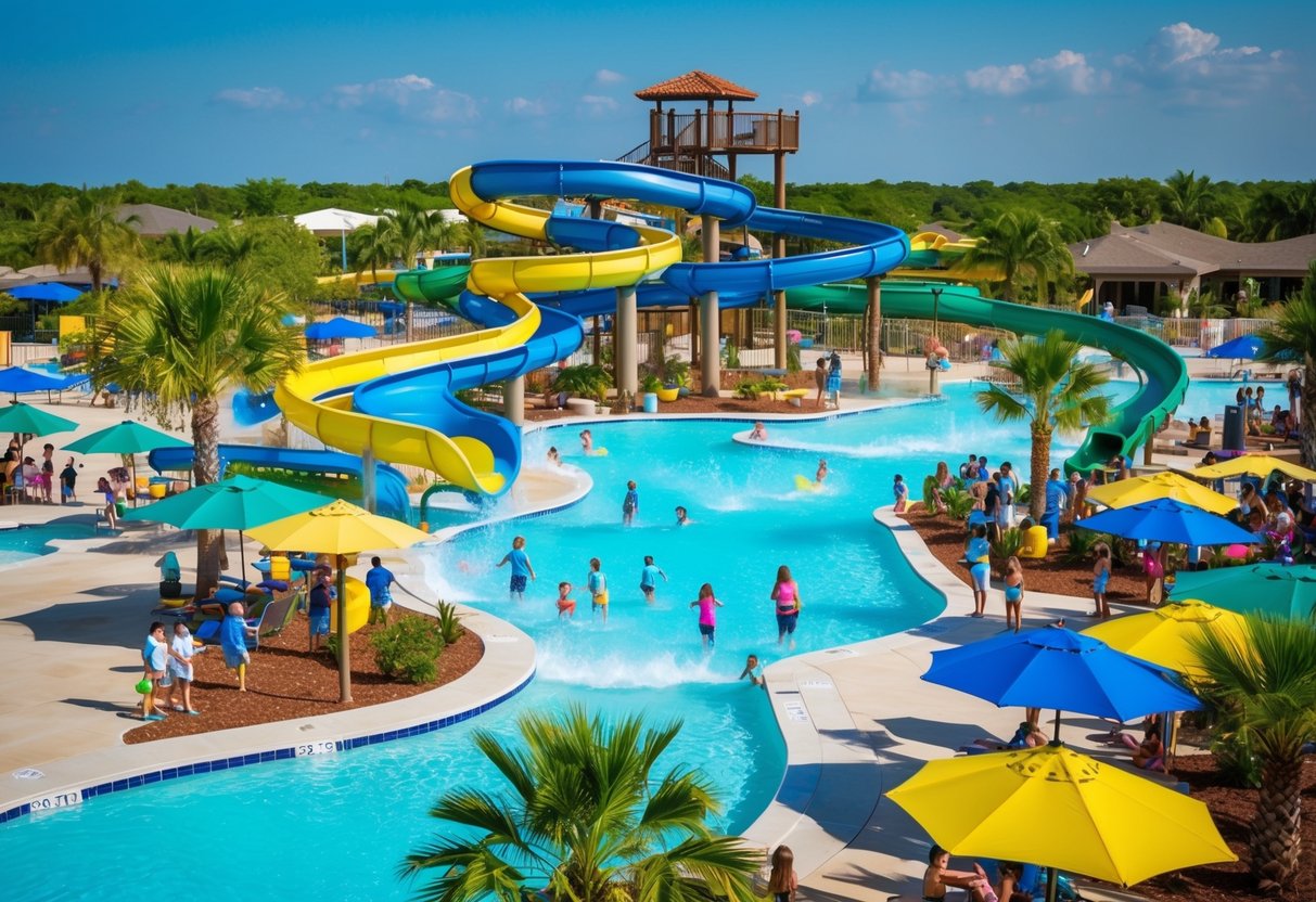 Colorful water slides twist and turn above a bustling waterpark. Palm trees and sun umbrellas dot the landscape, surrounded by happy families and excited children