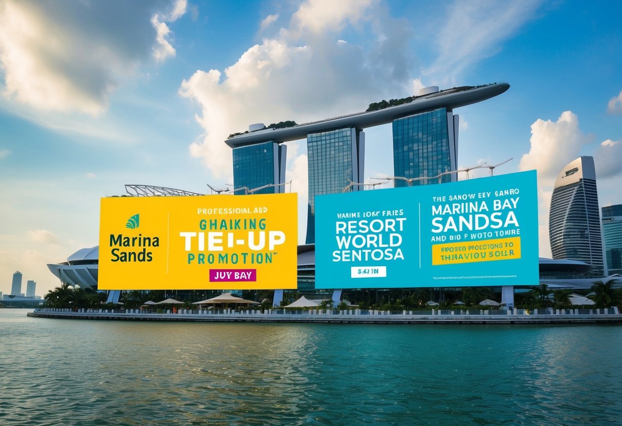 The Marina Bay Sands and Resort World Sentosa tie-up promotions are being advertised with vibrant colors and bold graphics