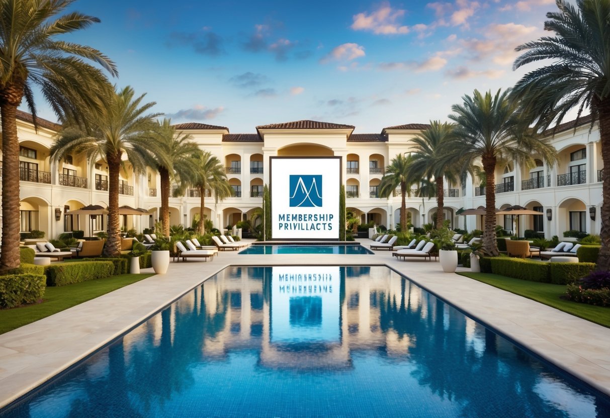 A luxurious resort setting with palm trees, a sparkling pool, and elegant buildings, with a prominent display of the Membership Privileges logo