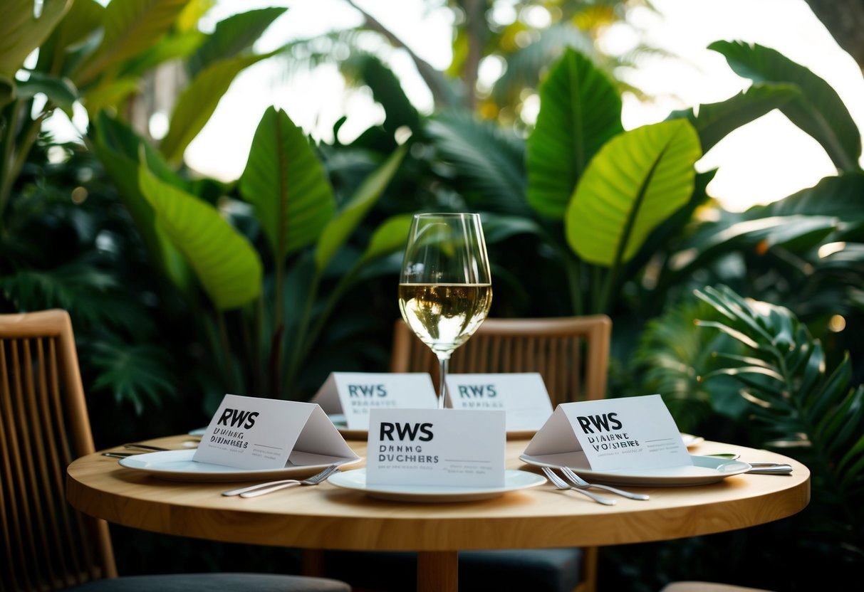 A table with RWS dining vouchers surrounded by lush tropical foliage
