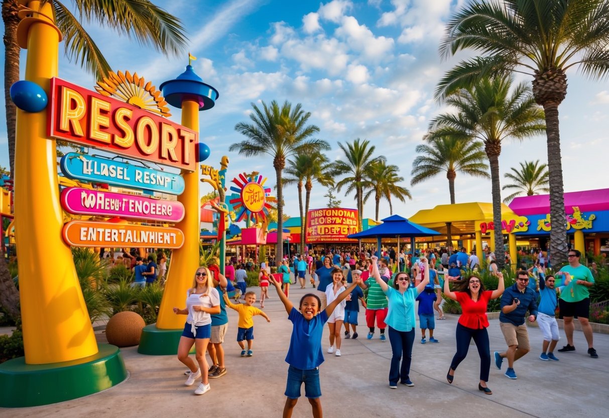 A vibrant, bustling resort with colorful signs, palm trees, and excited visitors enjoying various attractions and entertainment