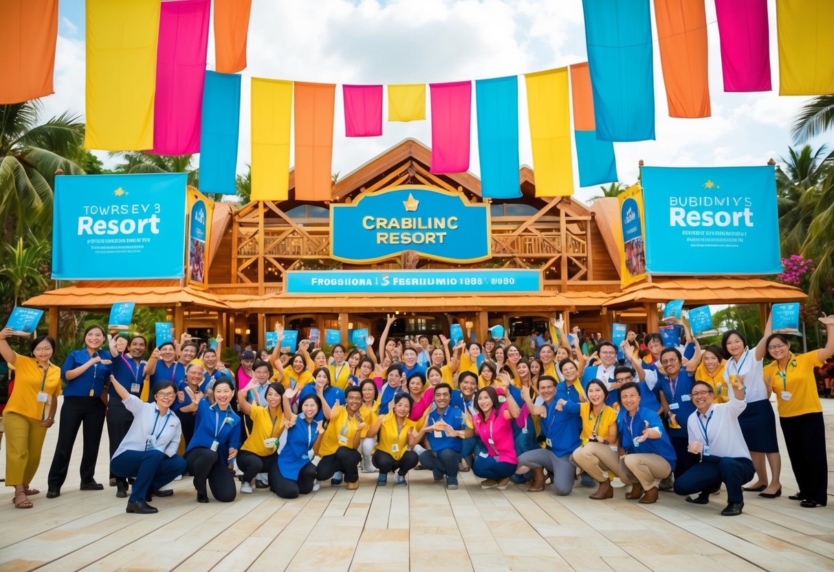 A bustling resort with colorful banners and promotional displays, surrounded by excited tourists and staff