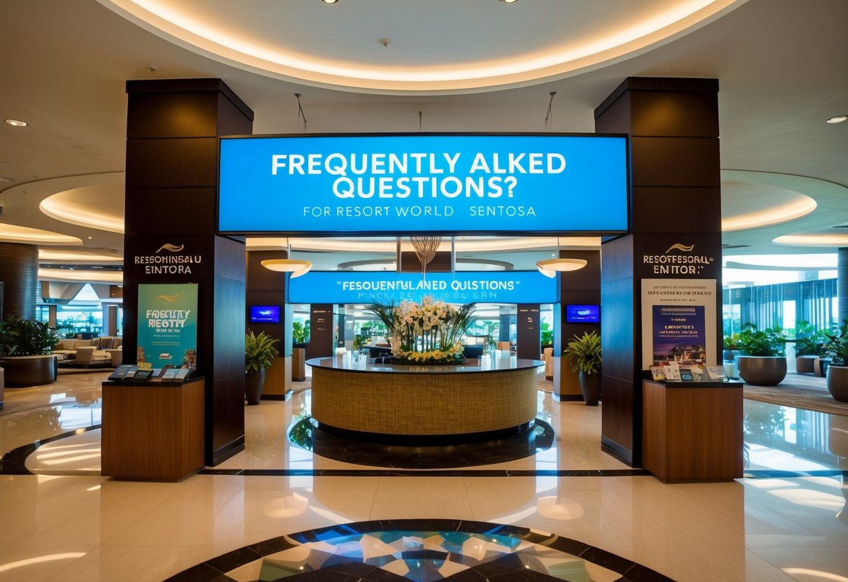 A bustling resort lobby with a prominent "Frequently Asked Questions" display and promotional materials for Resort World Sentosa