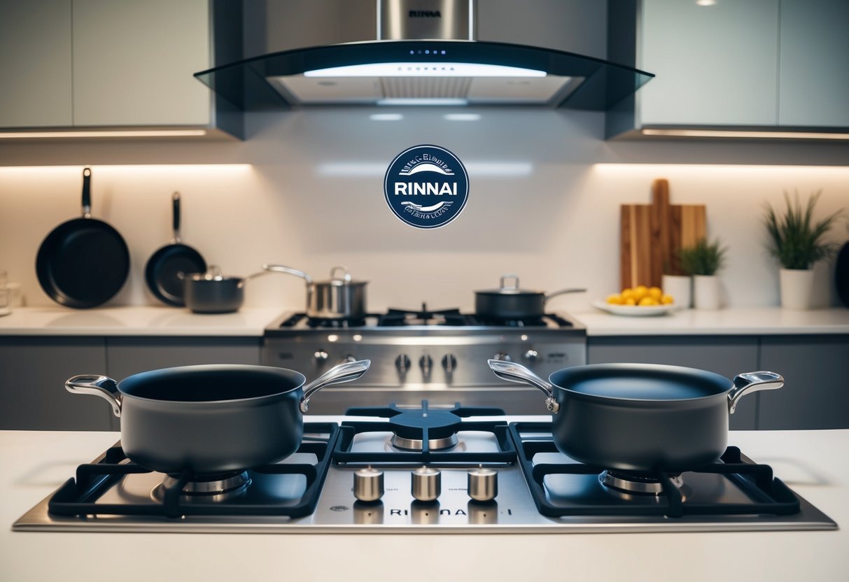 A modern kitchen with a sleek Rinnai gas stove, surrounded by pots and pans, with a logo prominently displayed