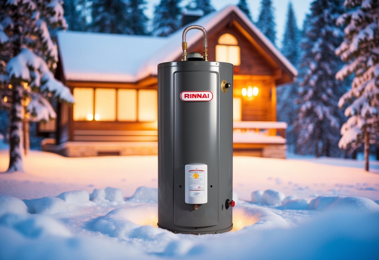 A cozy winter scene with a Rinnai hot water heater surrounded by snow-covered trees and a warm, inviting glow emanating from the house